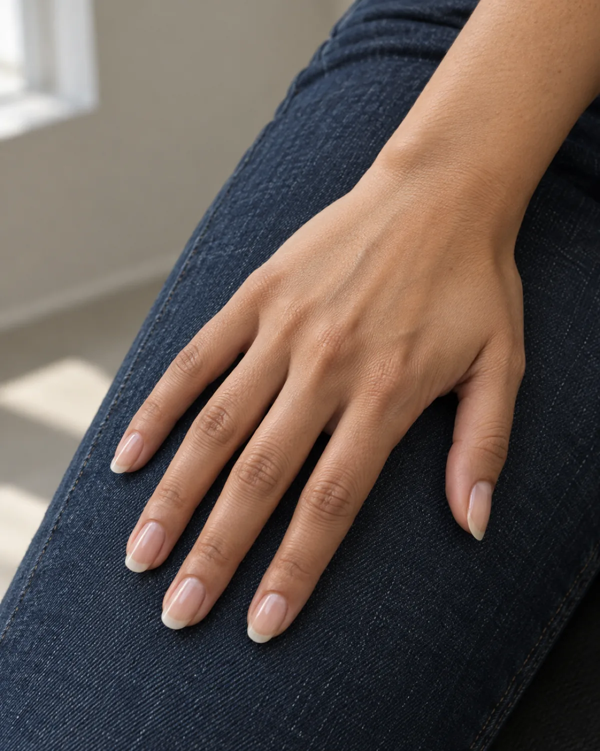 Hand with medium-length oval natural nails showing a healthy white free edge, resting on dark denim