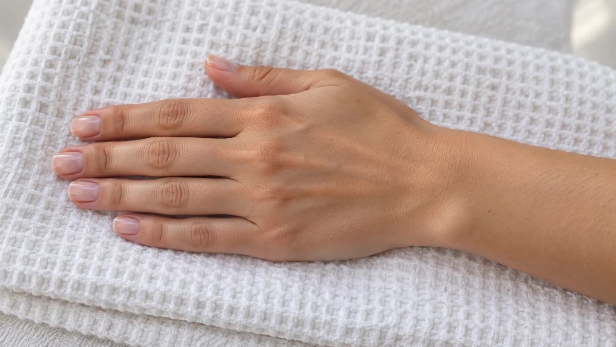 Single hand with short natural squoval nails resting across a folded white towel, forearm extending out of frame
