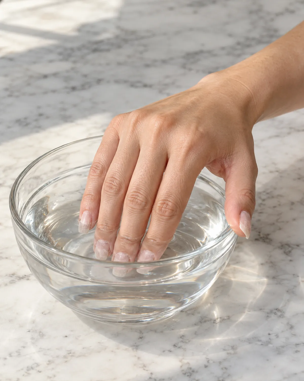 Right hand with fingertips submerged in a shallow glass bowl of clear liquid on a white marble surface, filed-down acrylic nails visible