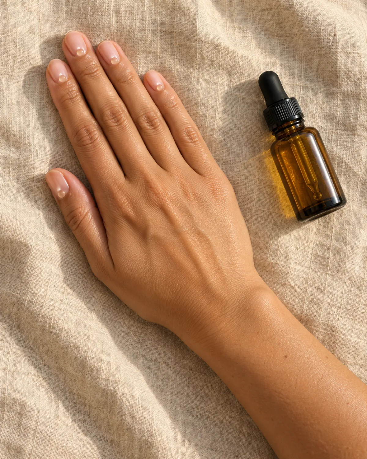 Right hand angled on linen cloth with short bare oval nails glistening with cuticle oil, an amber glass dropper bottle lying beside it