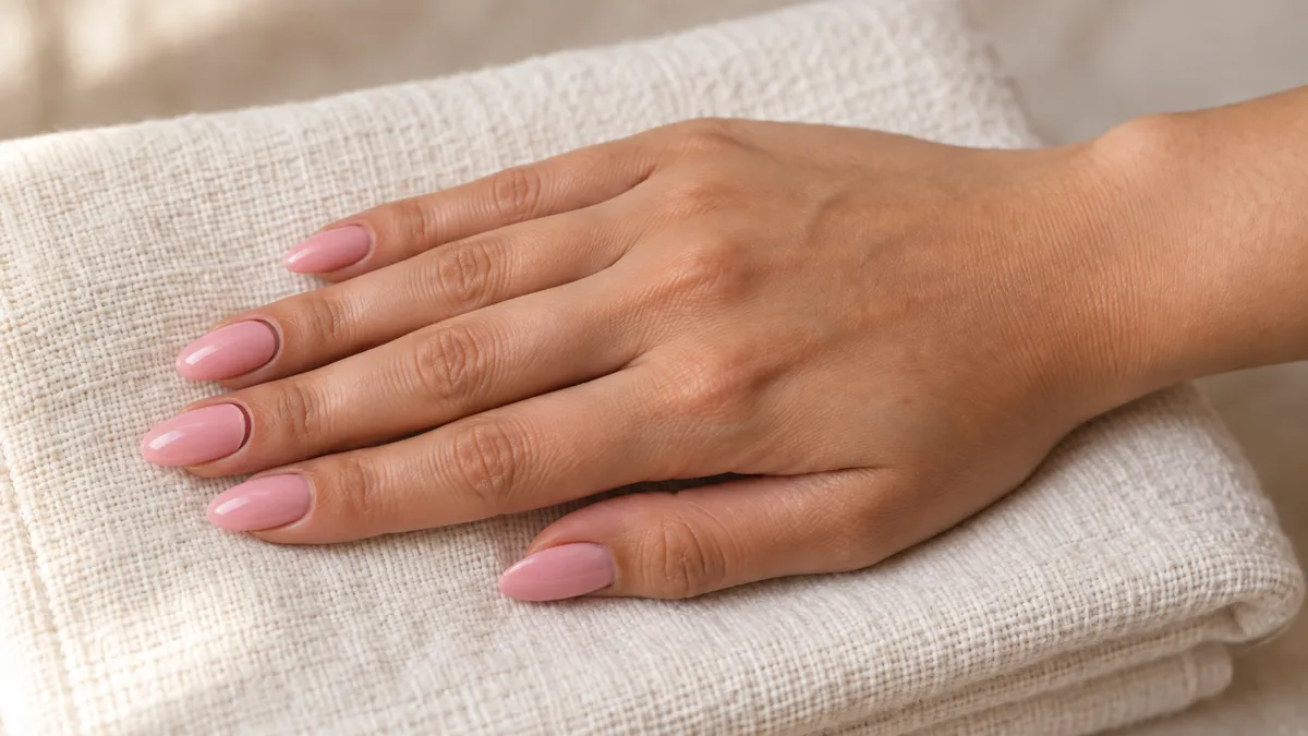Hand with medium-length almond acrylic nails in soft pink with a visible lift at the ring finger cuticle, resting on a folded cream linen towel