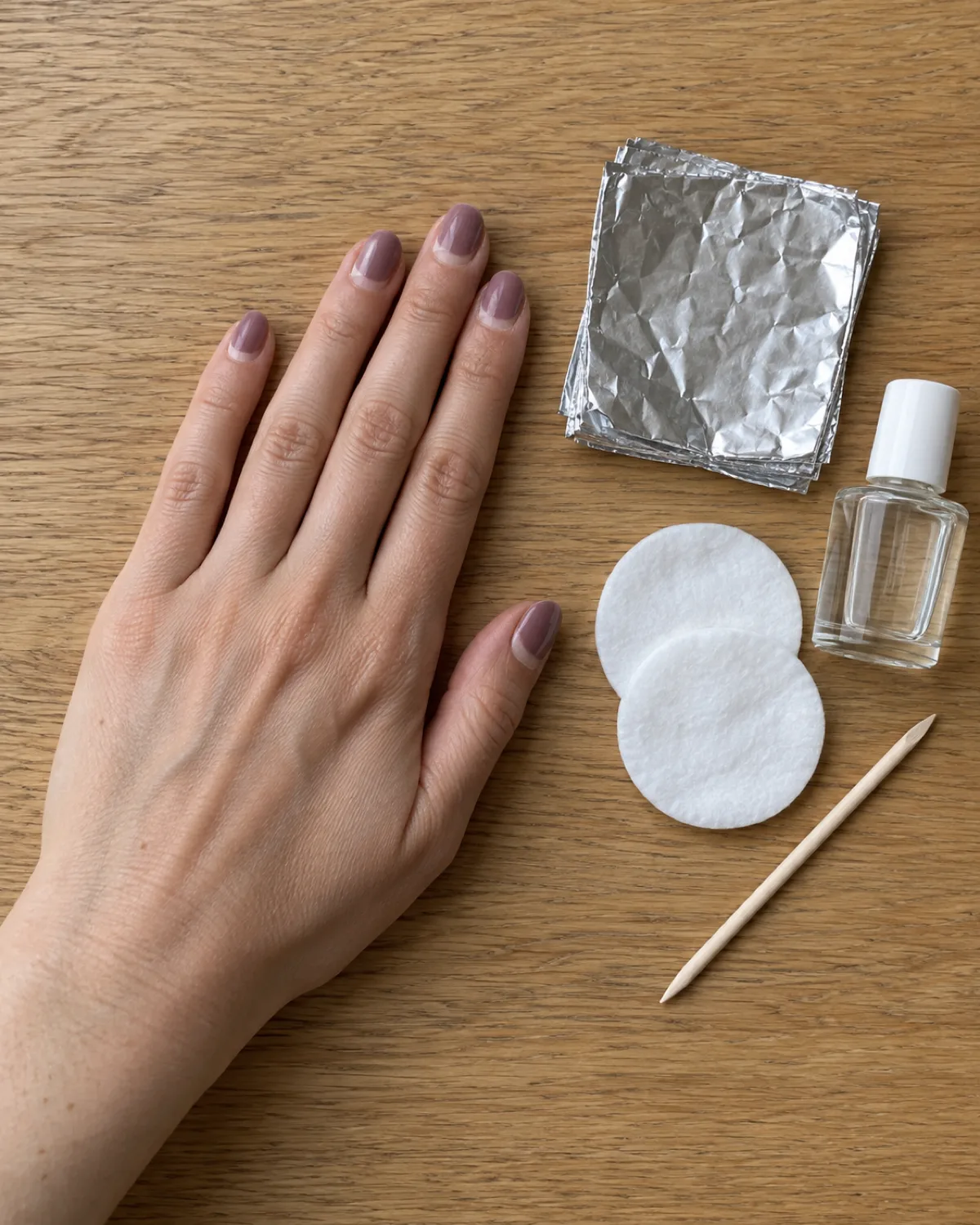 Hand with muted mauve gel polish grown out at the cuticle line lying on an oak table beside aluminium foil squares, cotton pads, an orange wood stick, and a small bottle of acetone