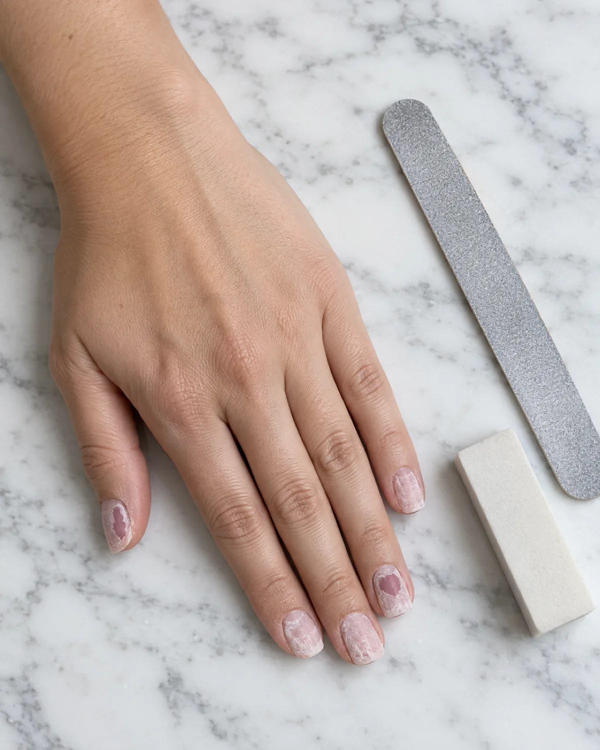 Hand on white marble with partially filed gel nails showing patchy matte surface, a nail file and buffer block lying flat beside it