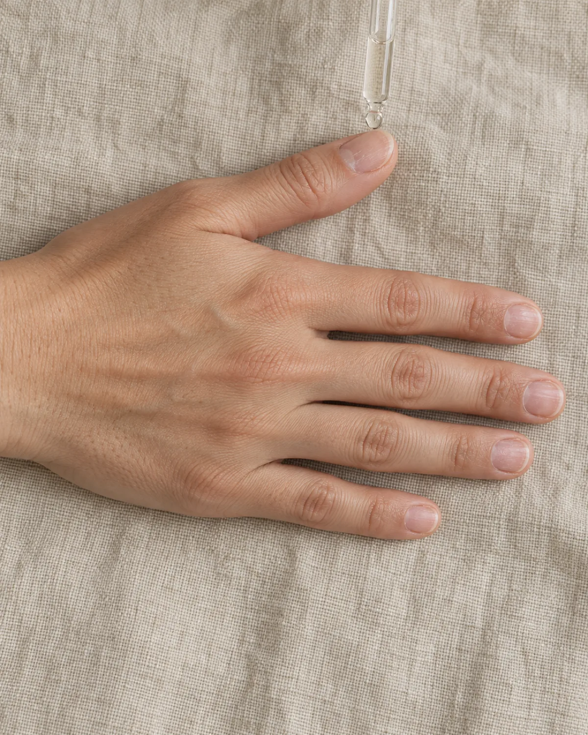 Hand on oatmeal linen cloth with a glass dropper releasing a drop of cuticle oil onto the thumb cuticle, short bare natural nails looking slightly dry