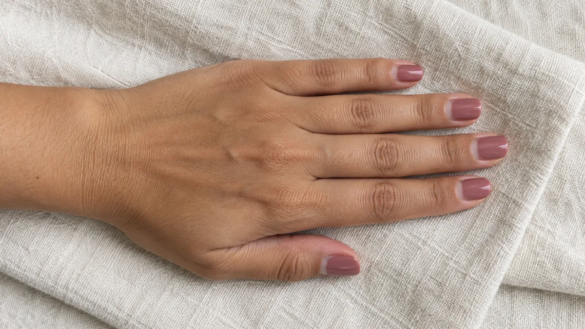 Hand with muted rosy gel polish slightly grown out at the cuticle line, resting on a folded cream linen towel