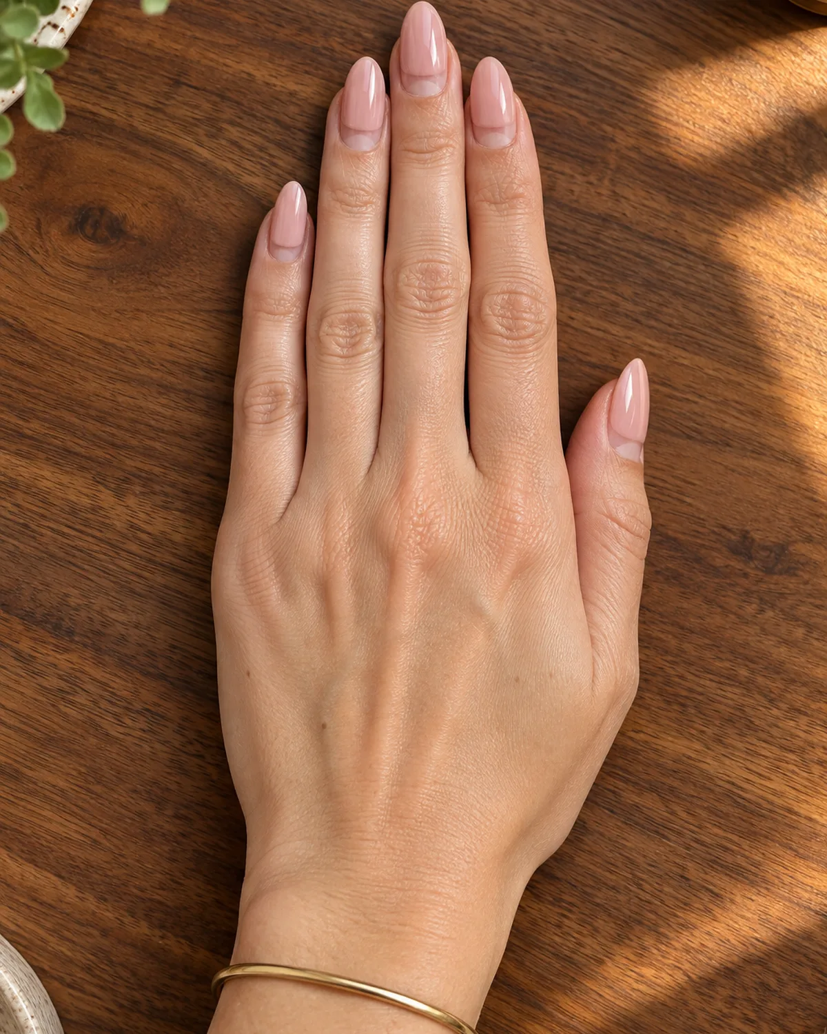 Right hand lying flat on warm walnut wood surface with almond press-on nails in sheer nude showing visible growth gap at cuticle line and a thin gold bangle at the wrist