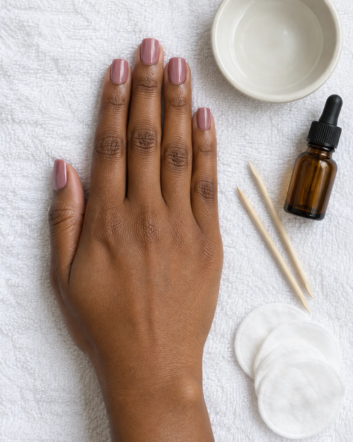 Left hand lying flat on white terrycloth towel with short square press-on nails in dusty rose, tools arranged beside it including a ceramic bowl, amber oil bottle, orange wood sticks, and cotton rounds