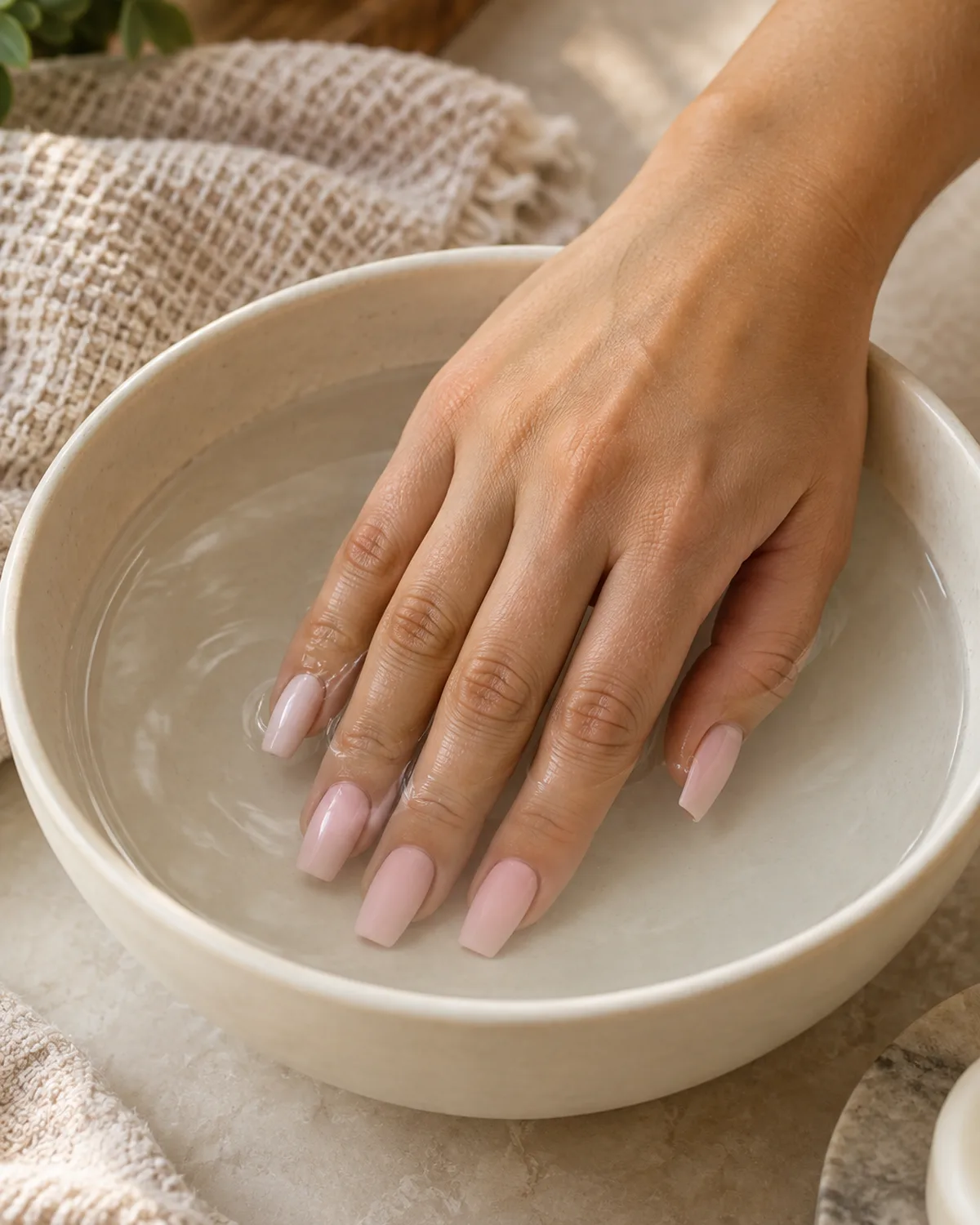 Right hand with coffin press-on nails in pale pink submerged in a shallow cream-colored ceramic bowl of warm water, pinky nail visibly lifting at the side edge