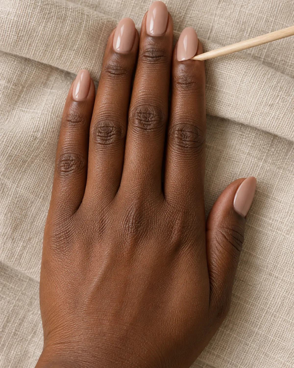 Left hand lying flat on folded beige linen napkin with oval press-on nails in warm nude, an orange wood stick positioned at the lifted edge of the ring finger nail