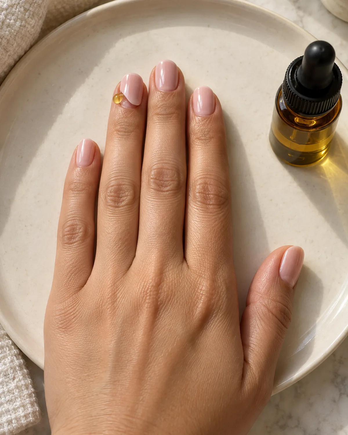 Left hand lying flat on a cream ceramic plate with short round press-on nails in blush pink, index finger nail visibly lifted at one corner with a drop of golden cuticle oil at the gap, amber dropper bottle beside the plate