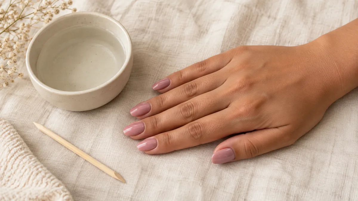 Right hand with medium-length oval press-on nails in soft mauve pink lying flat on cream linen cloth beside a ceramic bowl and orange wood stick