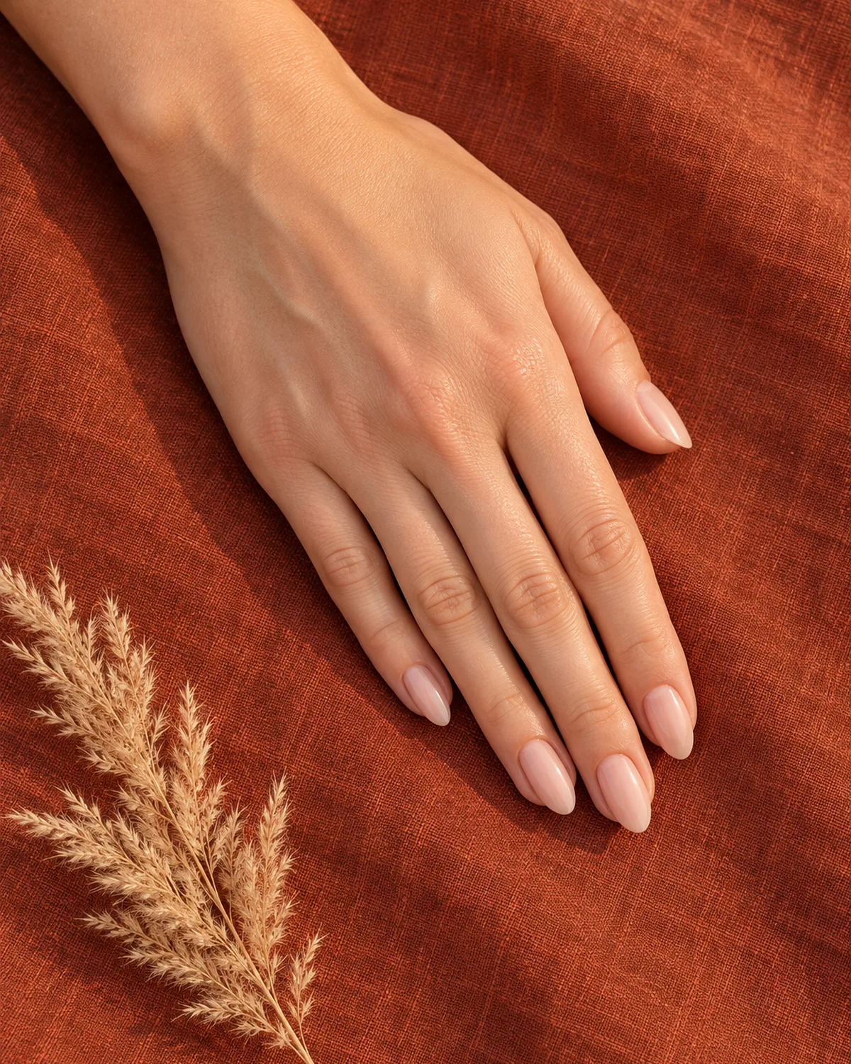 Right hand lying flat on deep terracotta linen with medium-length almond nails in sheer nude pink, a sprig of dried pampas grass in the corner