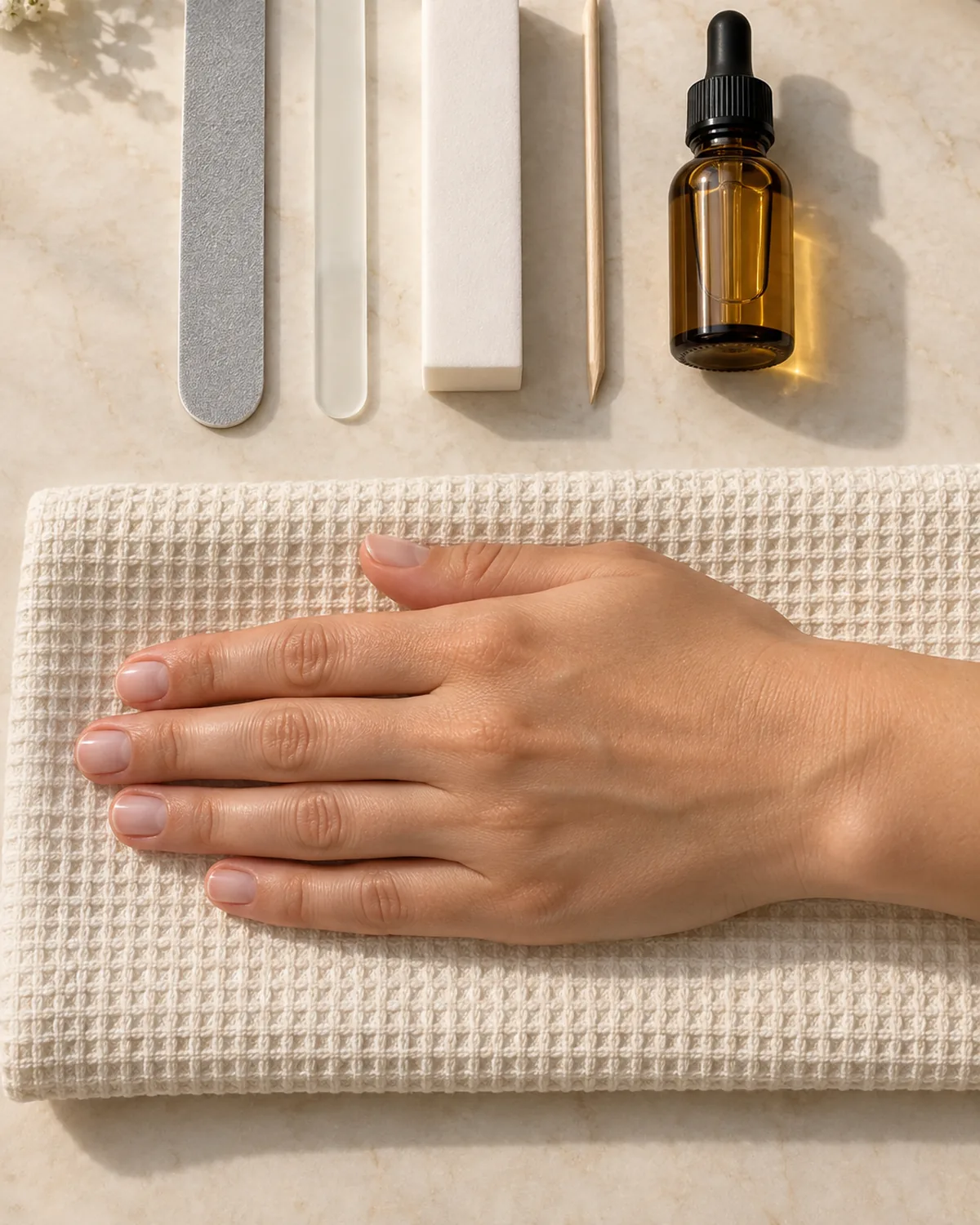 Left hand lying flat on a cream waffle towel below a row of nail tools: a grey double-sided file, a glass file, a white buffer block, an orange wood stick and an amber bottle of cuticle oil