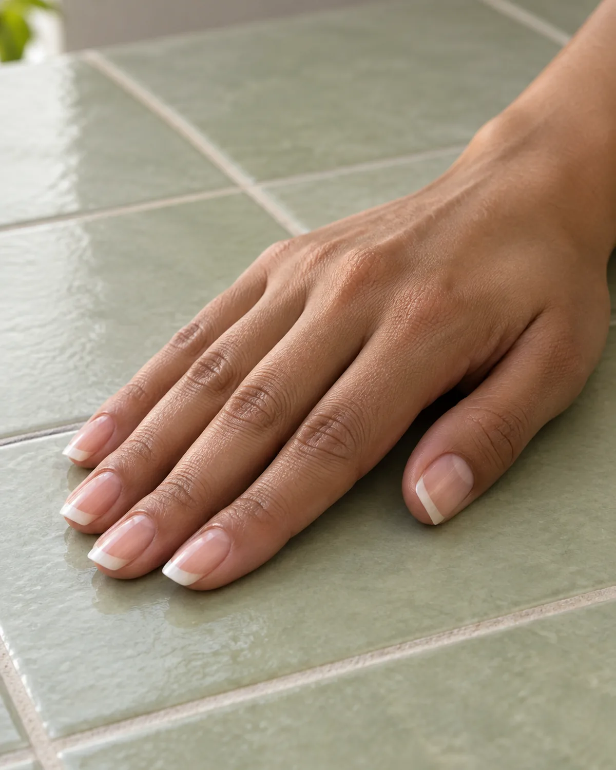 Right hand resting flat on sage green ceramic tile, seen from a low angle, with bare square nails showing about three millimetres of white free edge