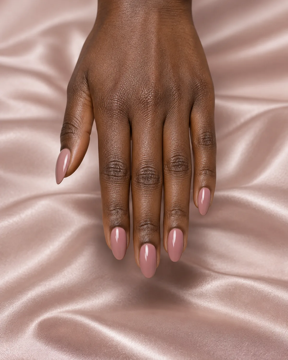 Hand reaching down into the frame with five evenly shaped medium almond nails in glossy dusty rose, each peak centered on its nail