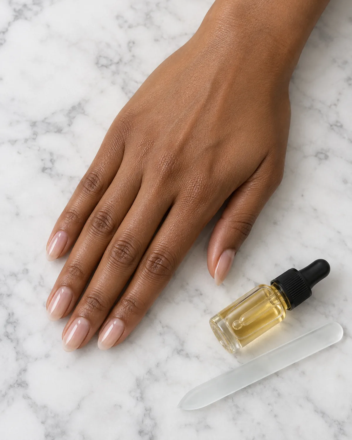 Right hand lying flat on white marble with freshly shaped almond nails in a clear gloss, a small glass bottle of cuticle oil and a glass nail file beside the fingertips