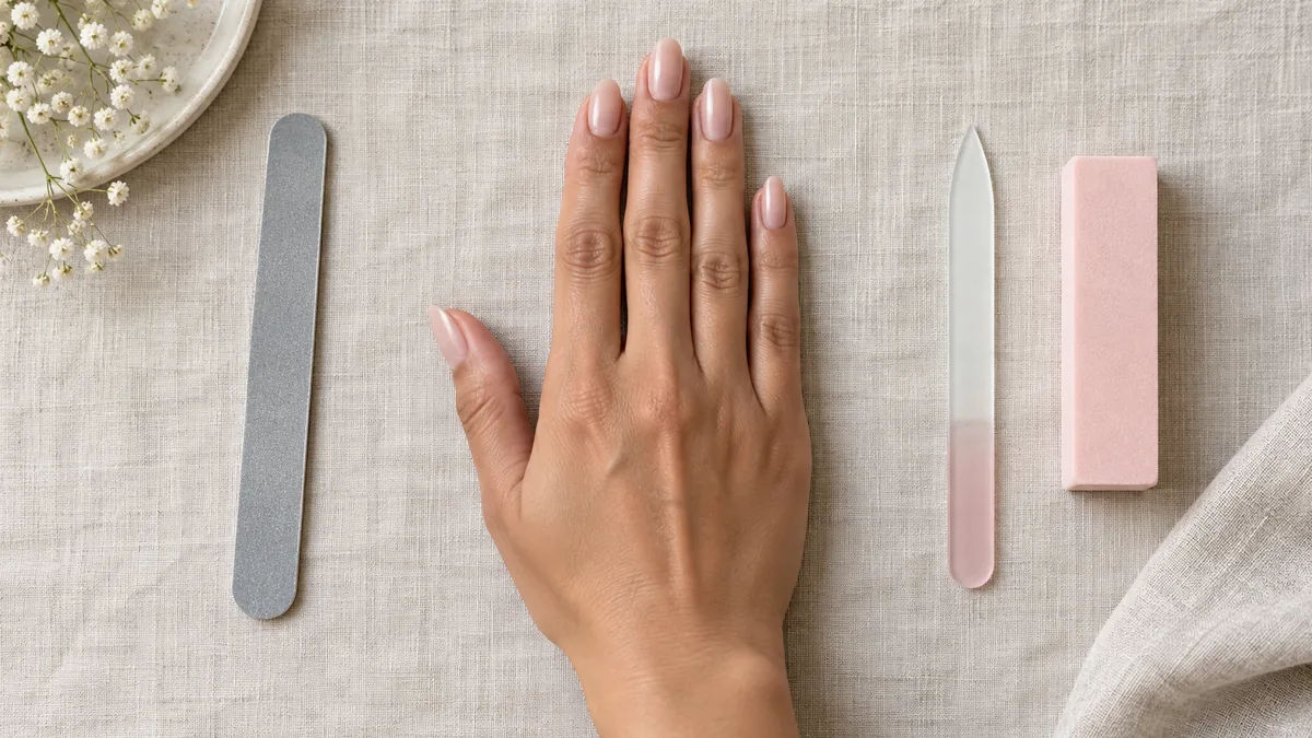 Right hand lying flat on oatmeal linen with medium almond nails in sheer milky nude pink, a grey nail file on one side and a glass file and pink buffer on the other
