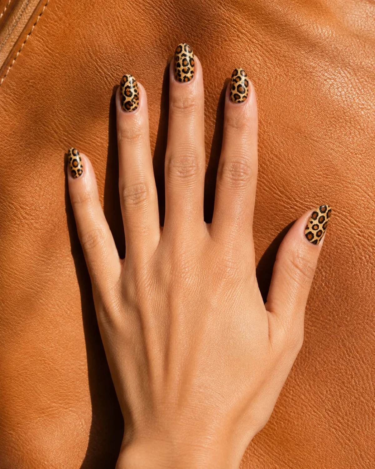 Single right hand with medium almond nails in classic golden leopard print resting palm down on camel leather