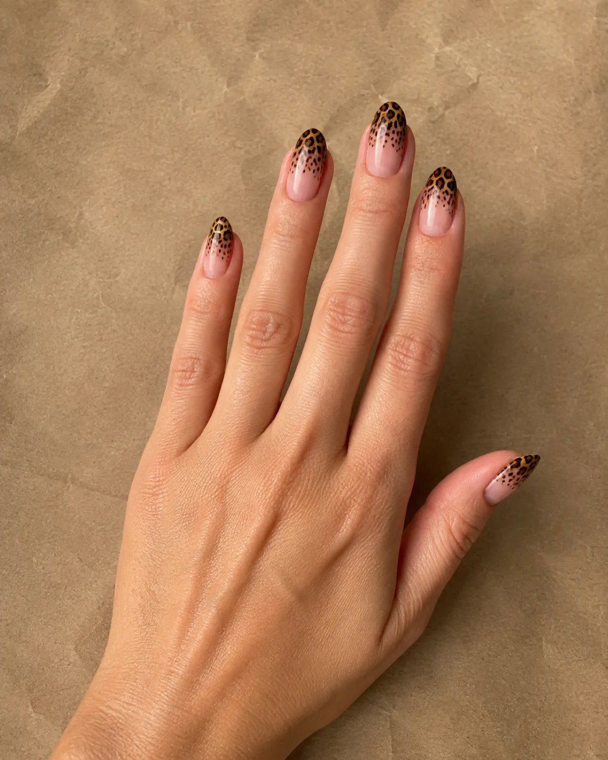 Single right hand with medium almond nails showing leopard gradient fading from tip to cuticle