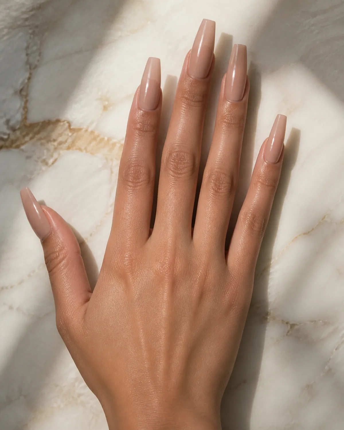 Single right hand with long coffin nails in glass-skin nude high-gloss finish resting palm down on cream marble