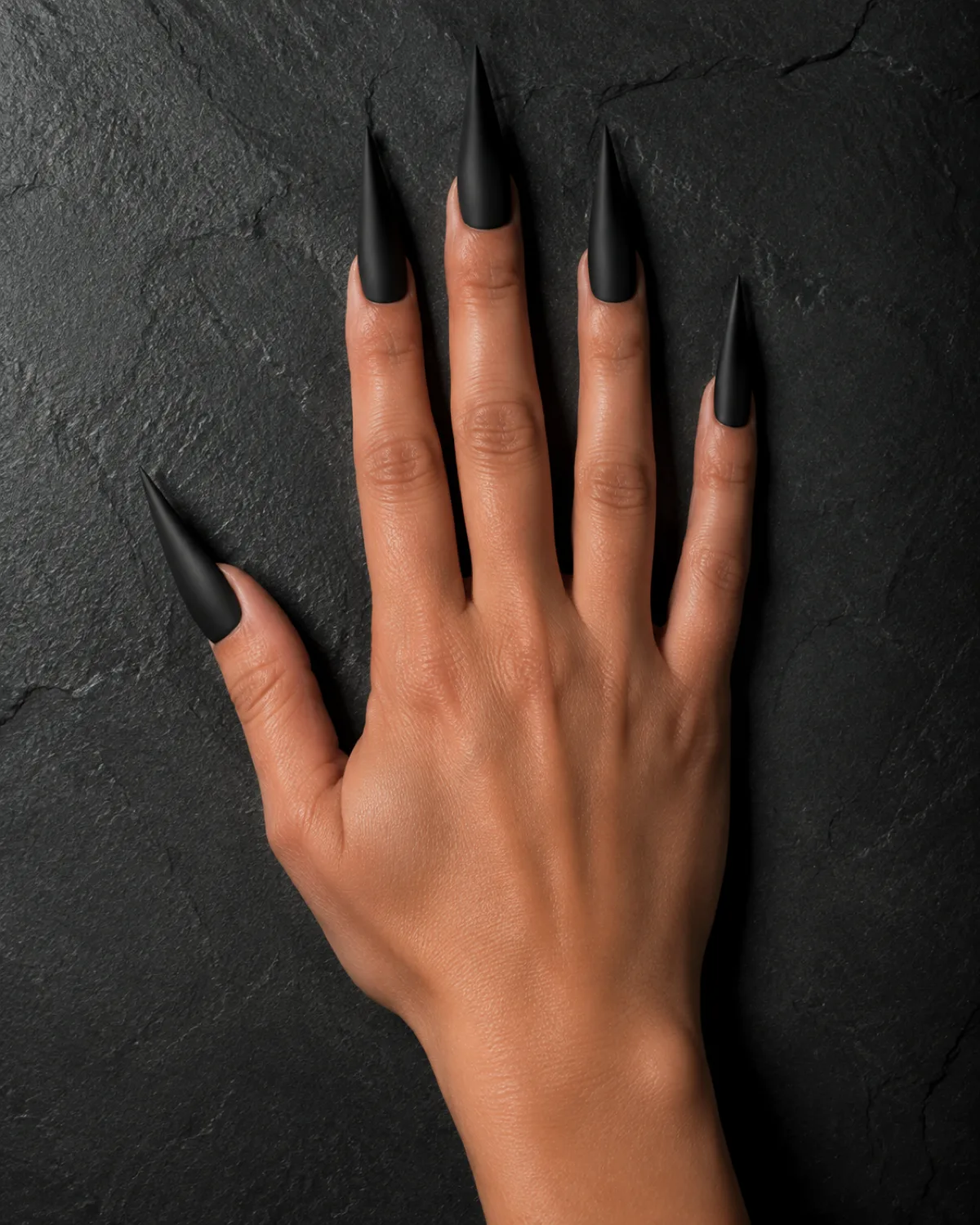 Single right hand with long stiletto nails in solid matte black finish resting palm down on matte black stone
