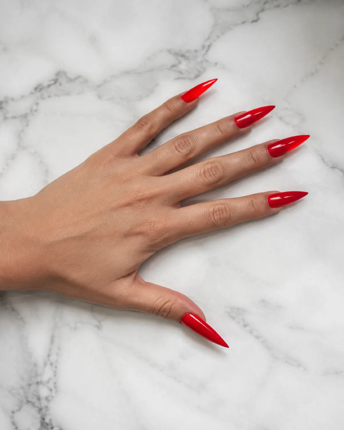 Single left hand with long stiletto nails in cherry red high-gloss finish resting palm down on white marble