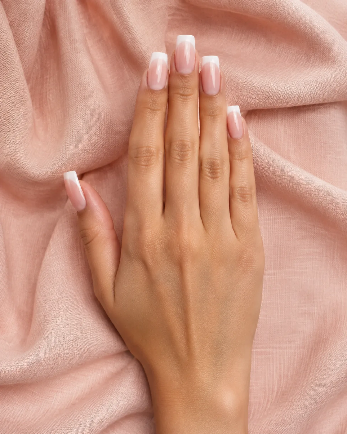 Single right hand with long square nails showing white-tipped two-tone design resting palm down on blush linen