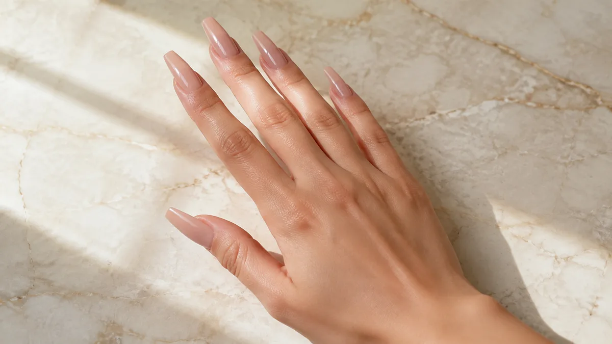 Single right hand with long coffin nails in glass-skin nude high-gloss finish resting palm down on cream marble