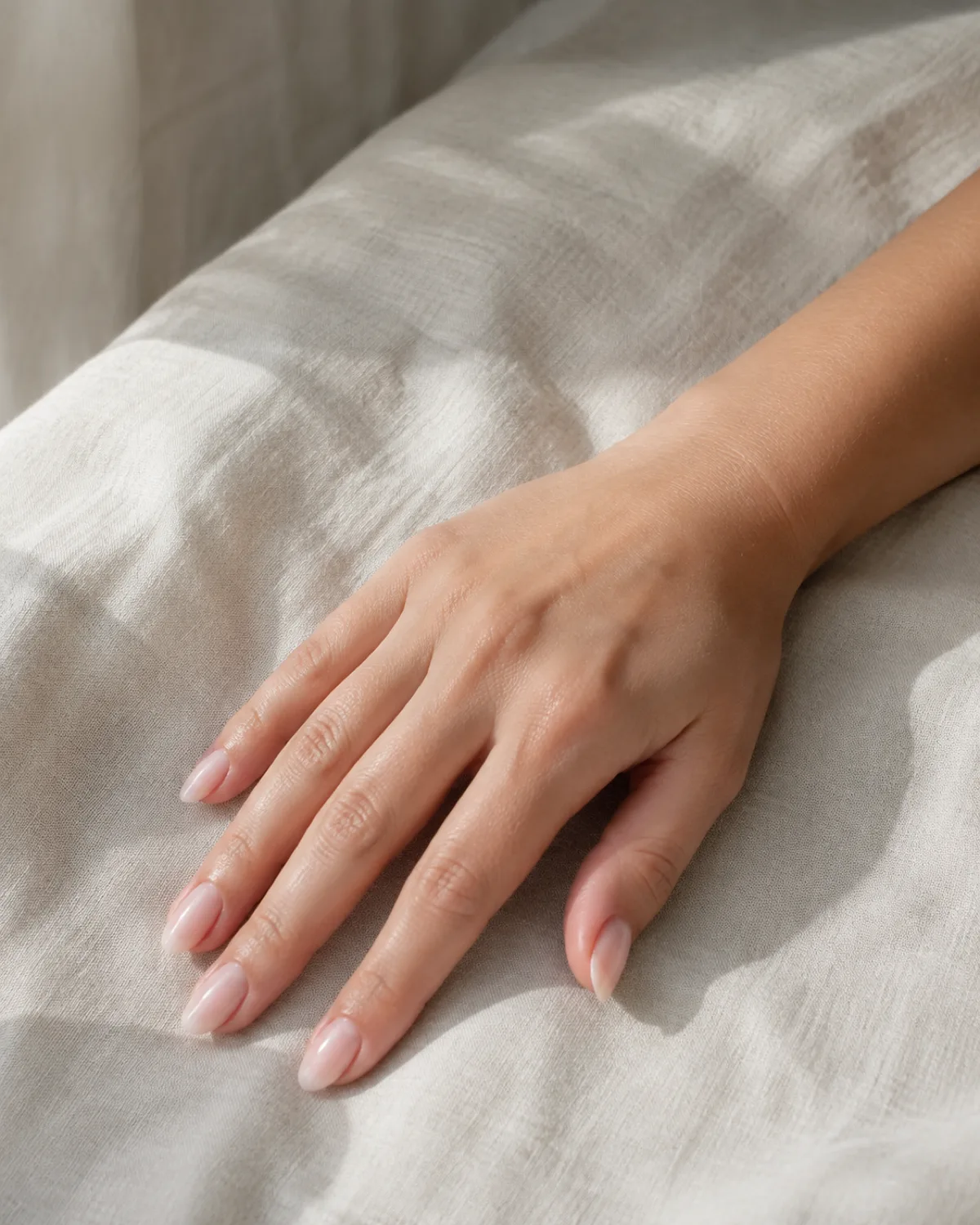 Single right hand with medium almond nails in sheer milky-pink nude crème gloss resting palm down on cream linen