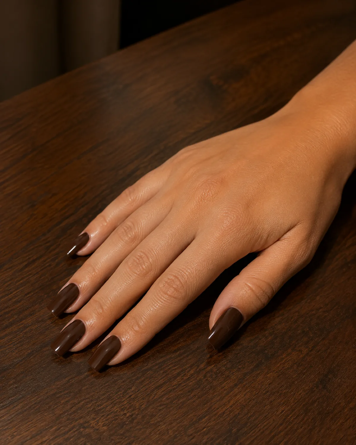 Single right hand with medium coffin nails in espresso brown crème gloss resting flat on dark walnut table