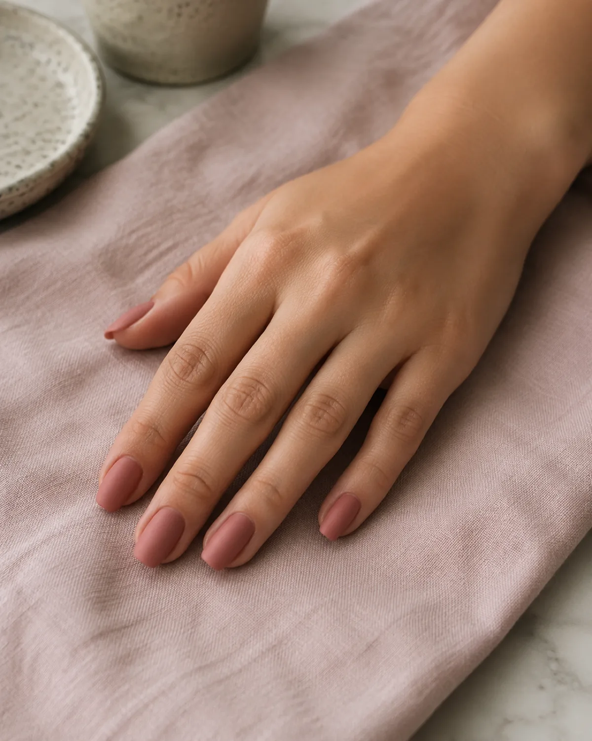 Single right hand with medium squoval nails in dusty rose matte finish resting palm down on blush linen napkin