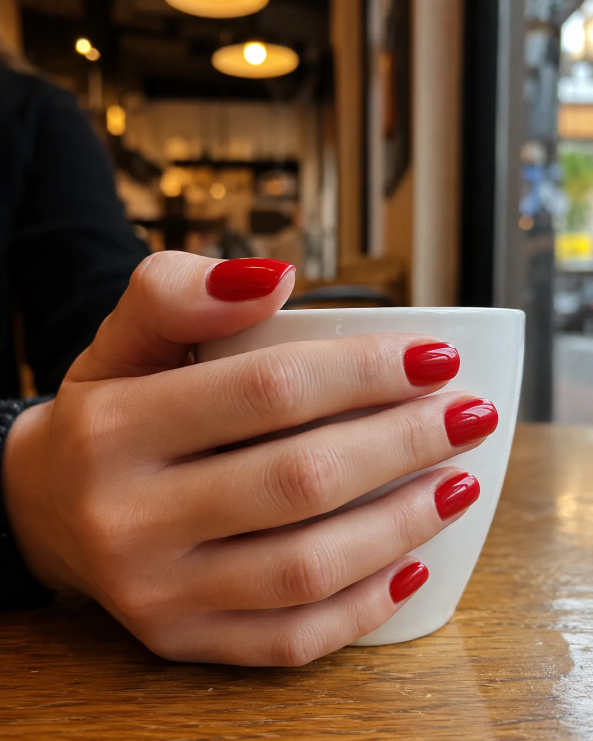 Single left hand with medium round nails in bright cherry red high gloss crème curled around a white coffee cup