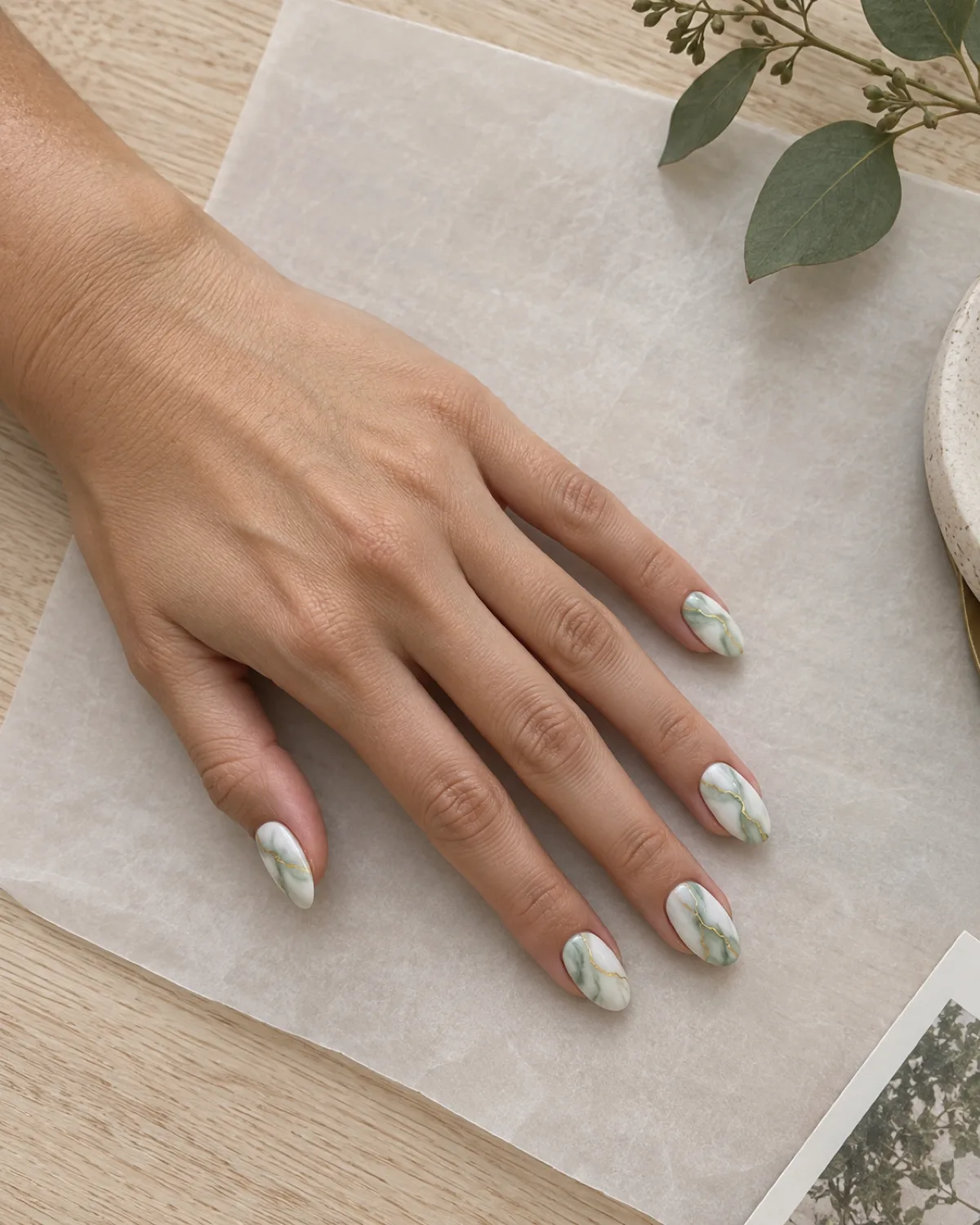 Mint green and white marble swirl nails with gold vein accents on oval shape on vellum paper