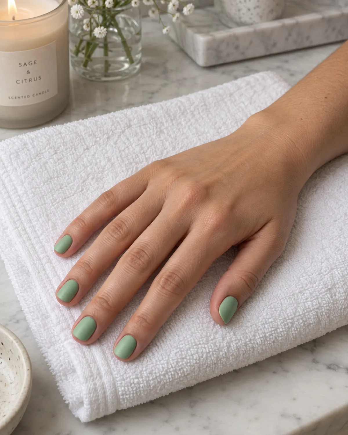 Matte mint green nails on short natural shape on folded white cotton towel
