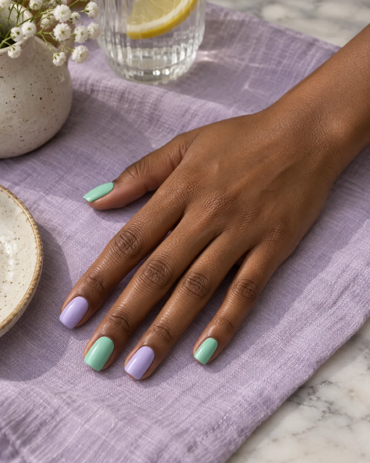 Alternating mint green and lavender colour block nails on square shape on lilac linen