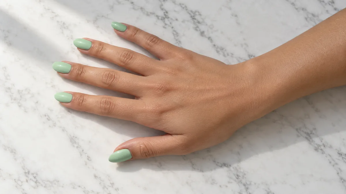 Single right hand with glossy mint green crème almond nails on white marble surface