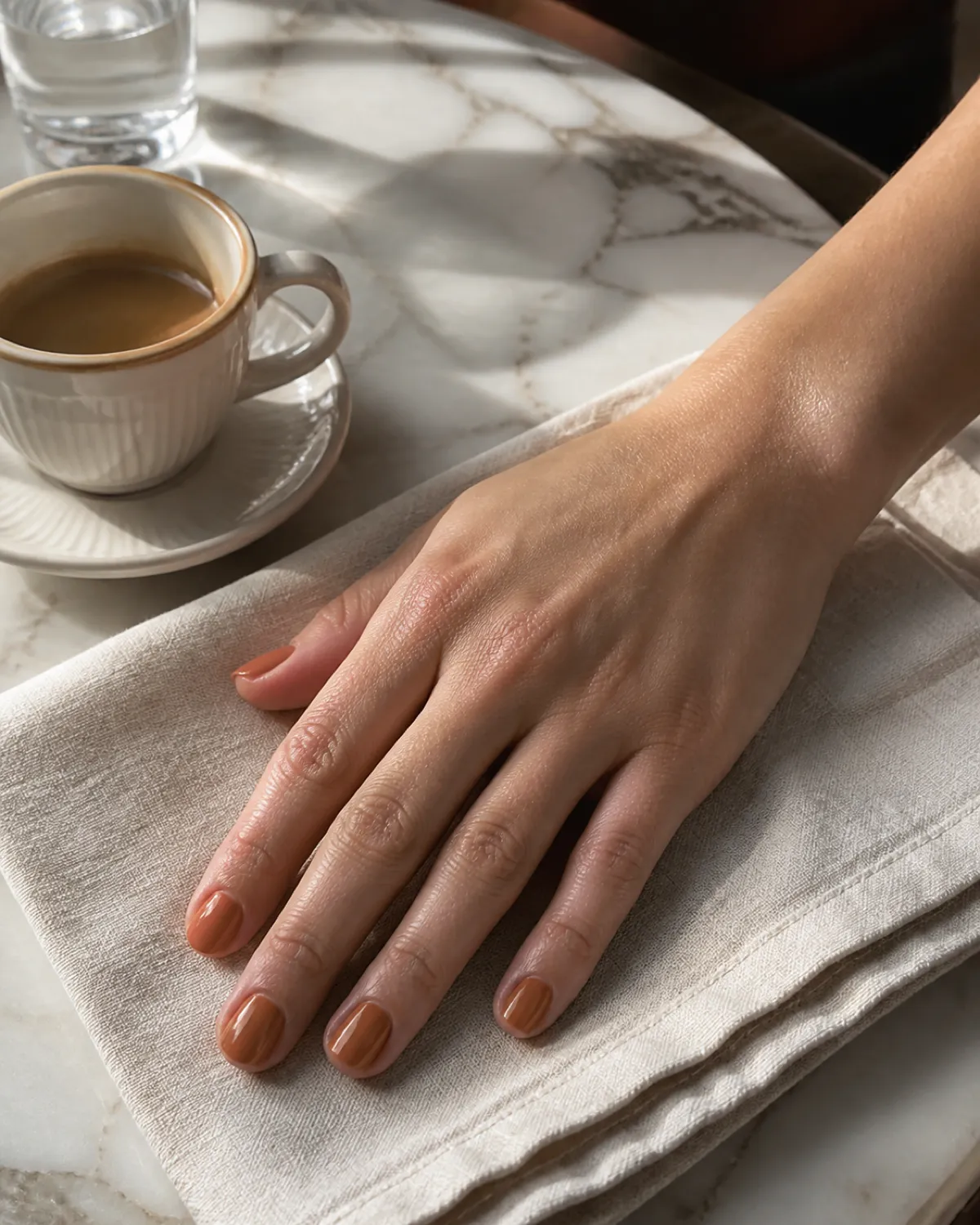 Single right hand with short oval nails in sheer caramel gloss resting palm down on cream linen beside espresso cup