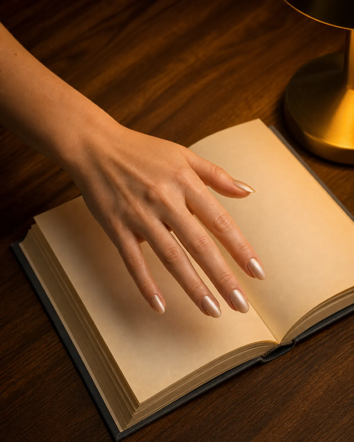 Single left hand with medium almond nails in champagne satin hovering palm down above open book on walnut table