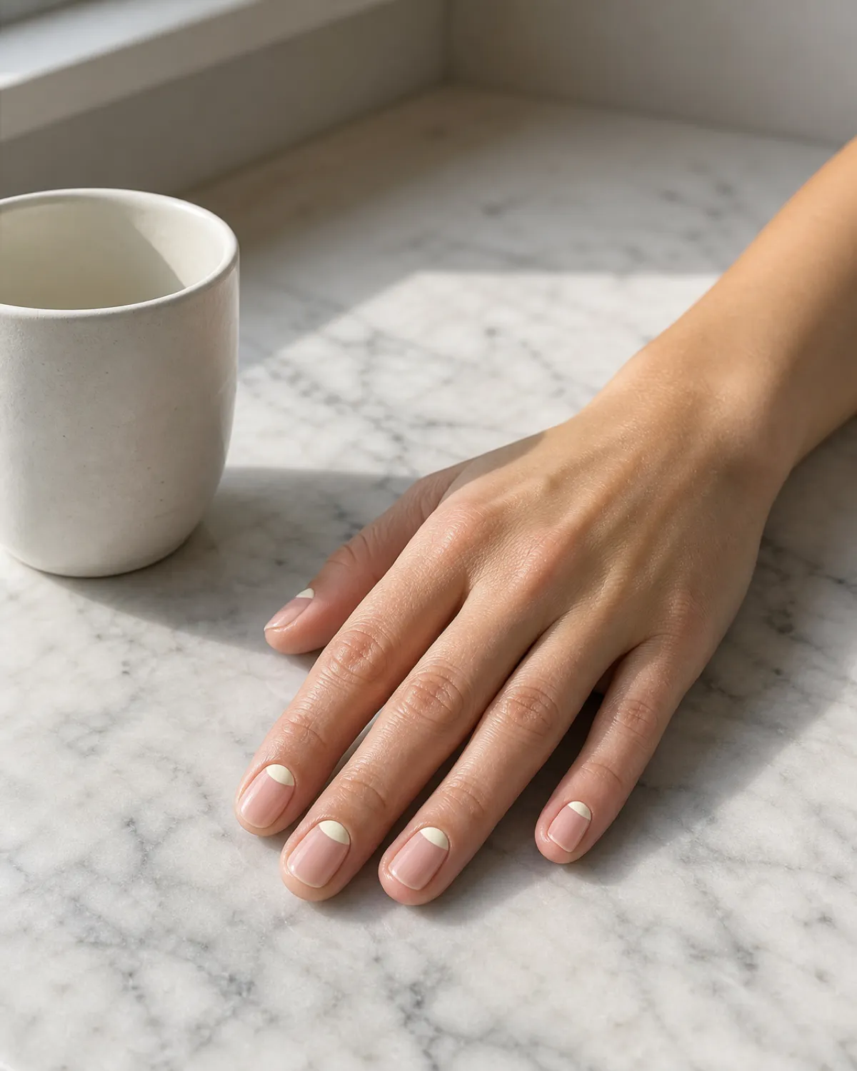 Single right hand with short round nails in nude and cream half-moon manicure resting palm down on marble beside white mug