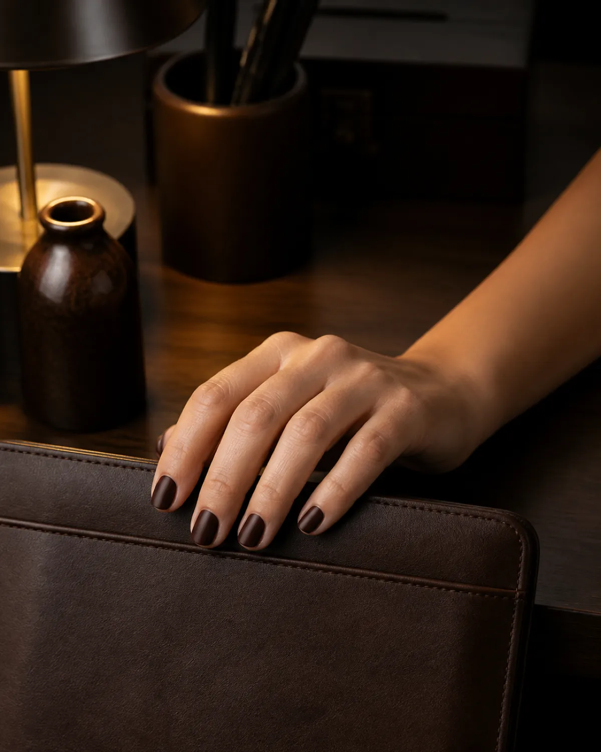 Single right hand with short squoval nails in espresso dip powder fingertips resting on near edge of brown leather portfolio on dark wood desk