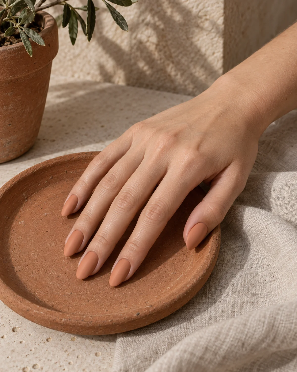 Single right hand with matte peach almond nails resting on a raw terracotta saucer