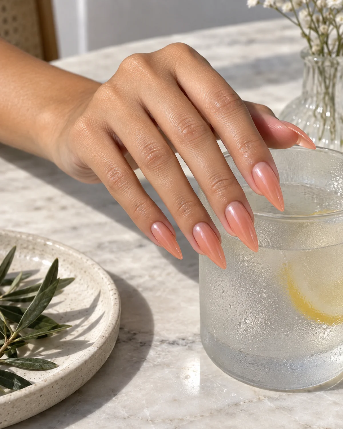 Single left hand with translucent peach jelly stiletto nails resting on the edge of a frosted glass tumbler