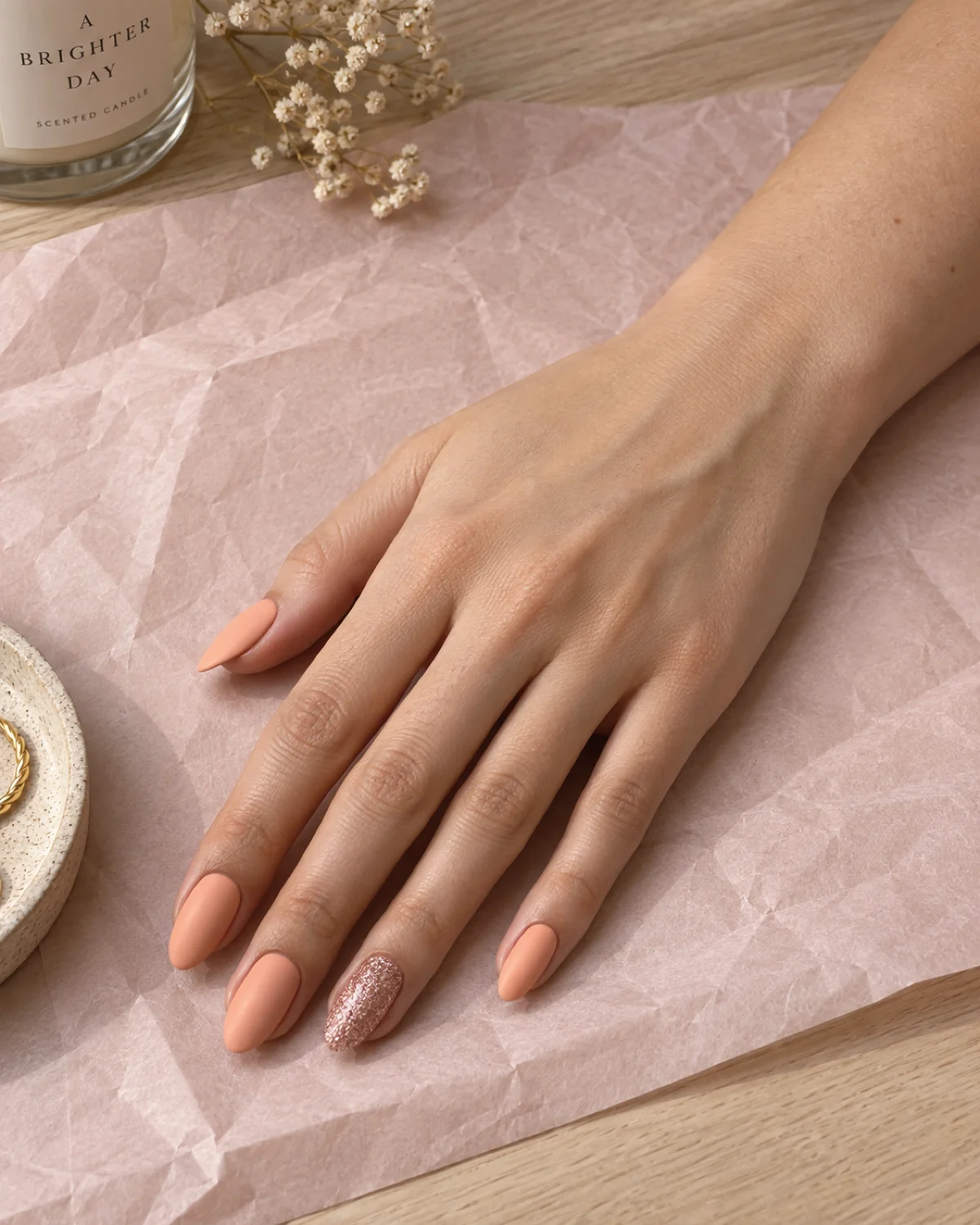 Single right hand with matte peach almond nails and rose-gold glitter accent on ring finger, resting on blush tissue paper over wood