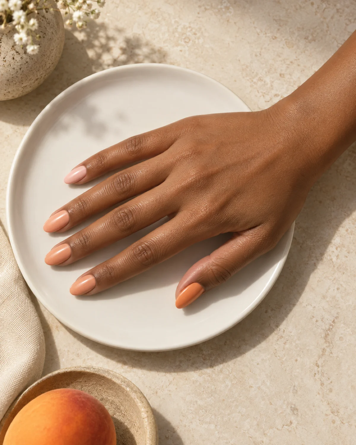Single right hand with five different peach shades graduating from pale blush on pinky to deep apricot on thumb, almond shape, on white porcelain dish