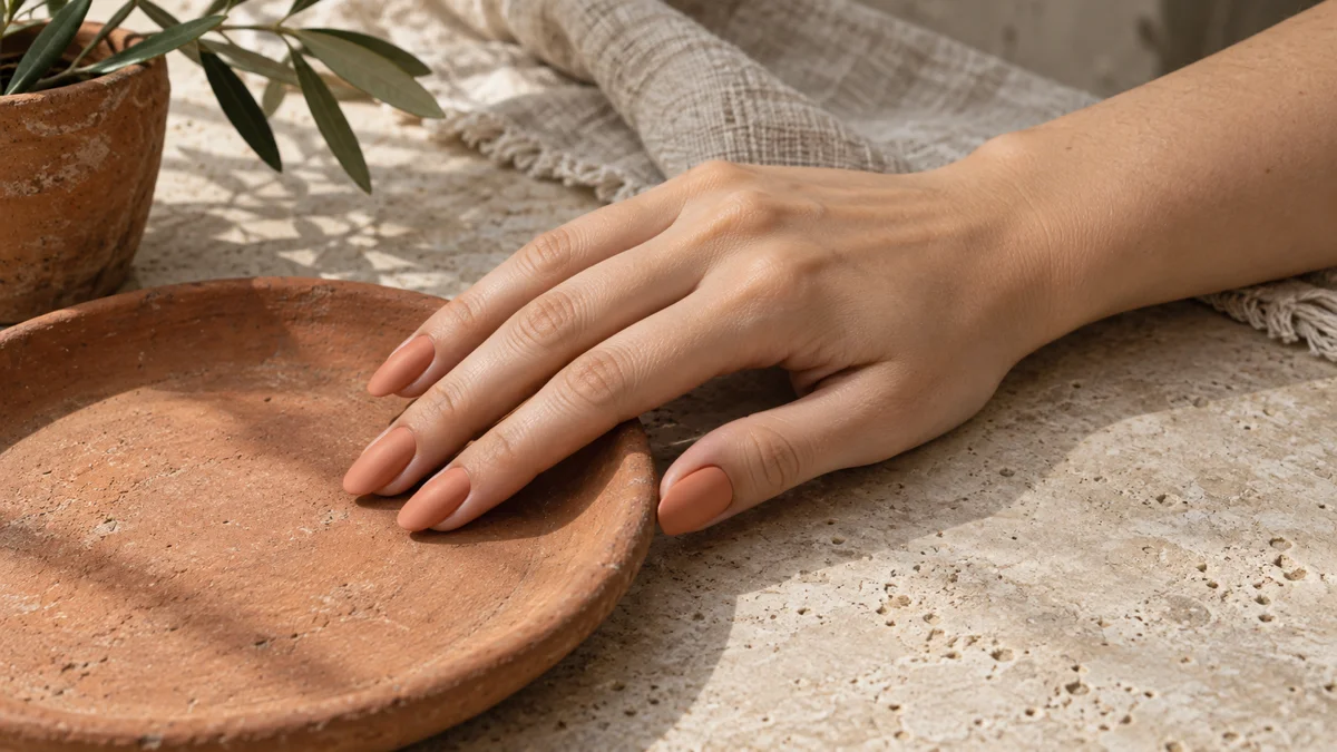 Single right hand with matte peach almond nails resting on a raw terracotta saucer