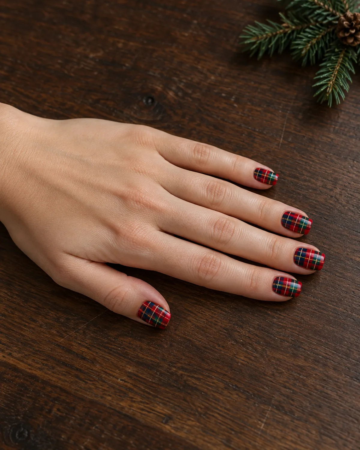 Hand with Royal Stewart tartan plaid nails in scarlet, navy and green on medium square shape lying on a dark walnut table