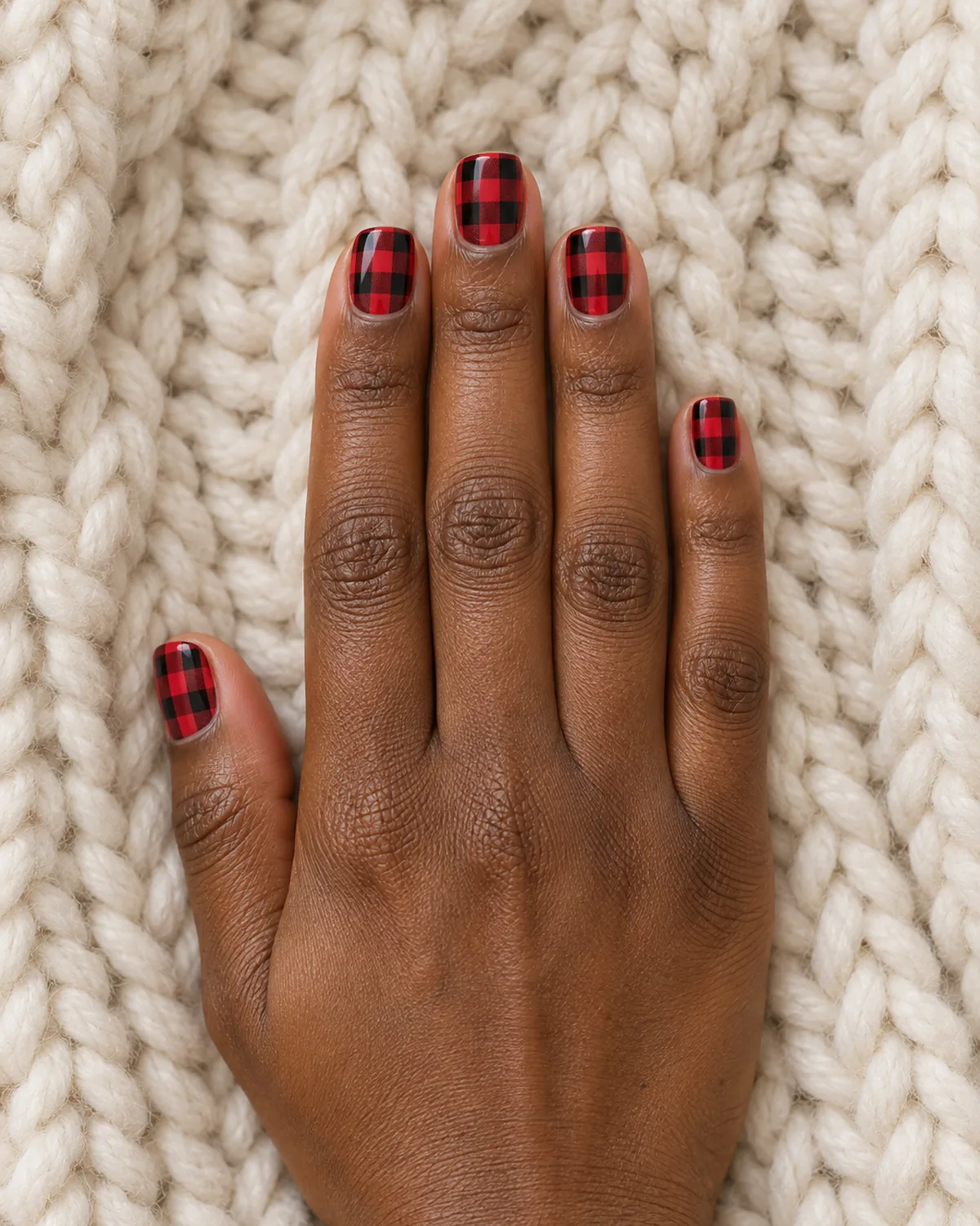 Overhead view of a hand with red and black buffalo check plaid nails on short squoval shape on a cream chunky-knit blanket