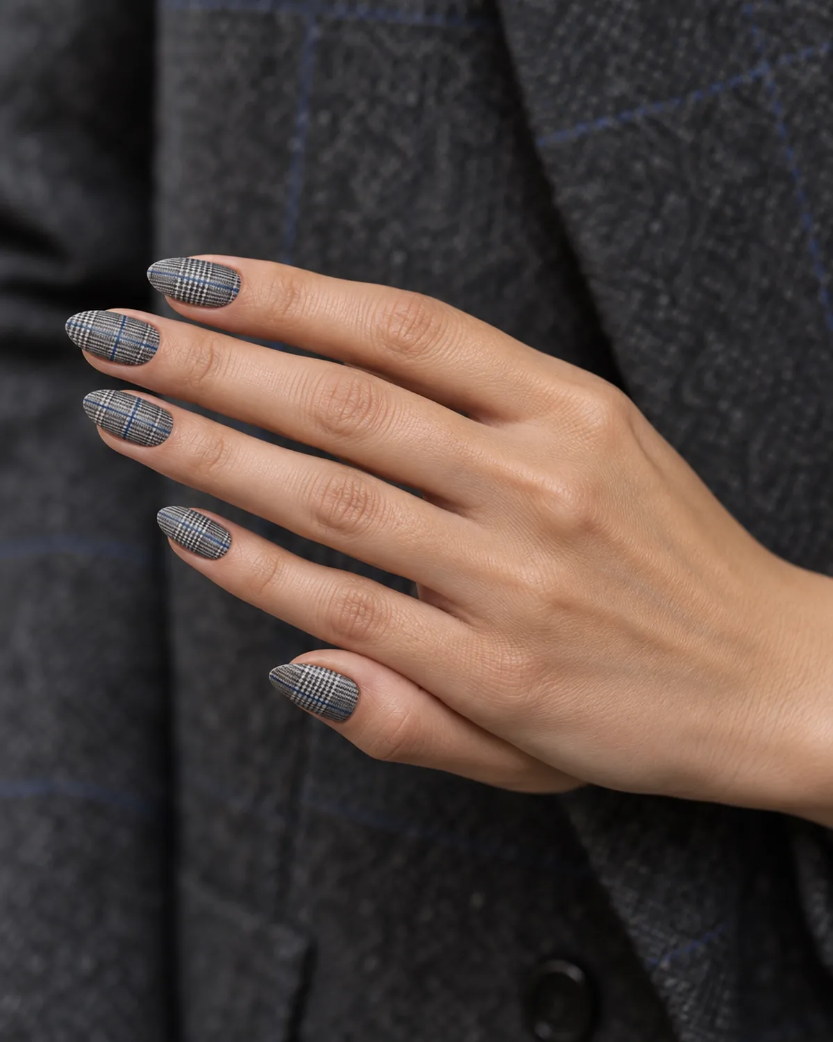 Side view of a hand with grey glen plaid nails with a slate-blue overcheck on medium almond shape against a charcoal wool jacket