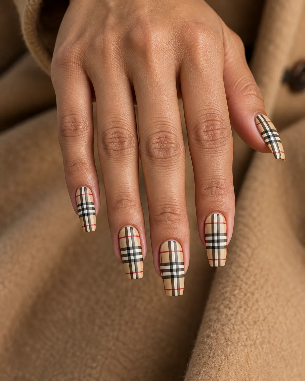 Hand reaching down with camel and cream check plaid nails with black and red stripes on medium coffin shape against a camel wool coat