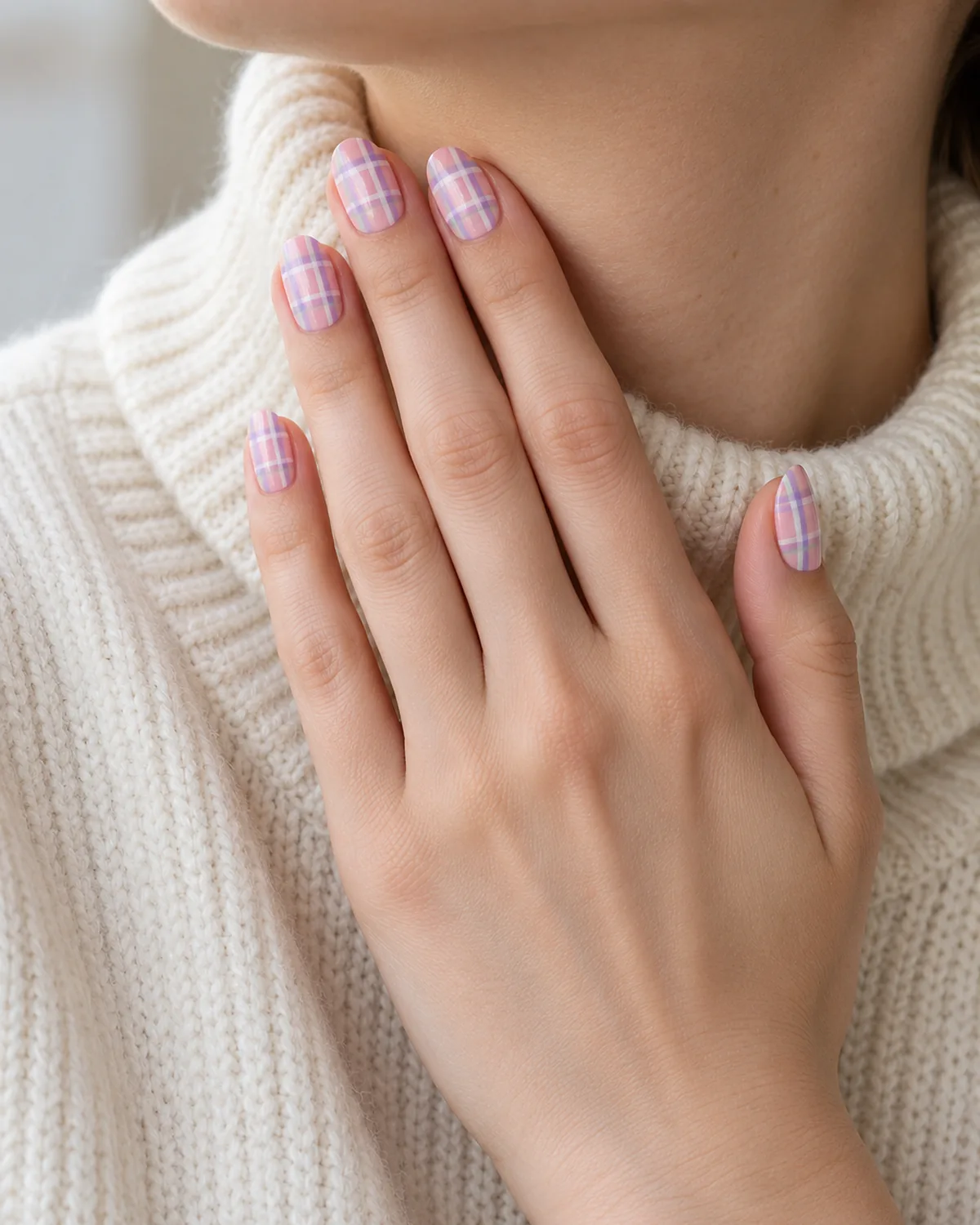 Hand resting near the jawline with pastel pink and lilac plaid nails on medium oval shape against a cream turtleneck